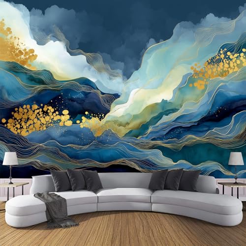 Fototapete Aquarellillustration,350 X 256 Cm (B X H) - Fototapeten - Tapeten - Für Wohnzimmer Schlafzimmer - Vliestapete Wandtapete Tapete Abstrakte Wellen Linien 3D Effekt- Blaues Gold von JSCWDET