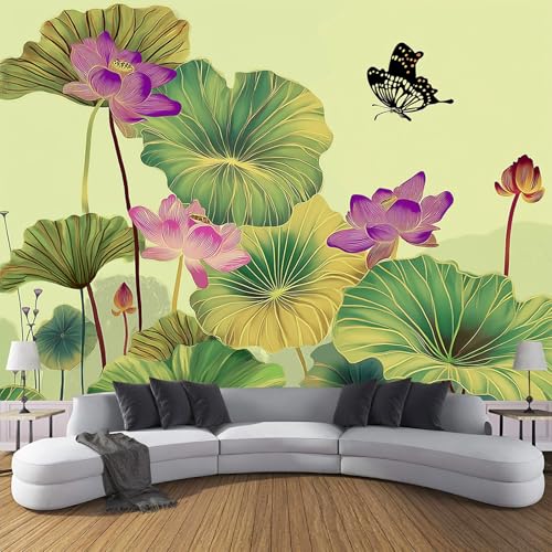 Fototapete Farbige Tuschemalerei,150 X 105 Cm (B X H) - Foto Tapete Schlafzimmer Wohnzimmer Lotusblatt Schmetterling Wandtapete Motivtapeten Bildtapete 3D Effekt Wand Dekoration - Smaragdgrün von JSCWDET