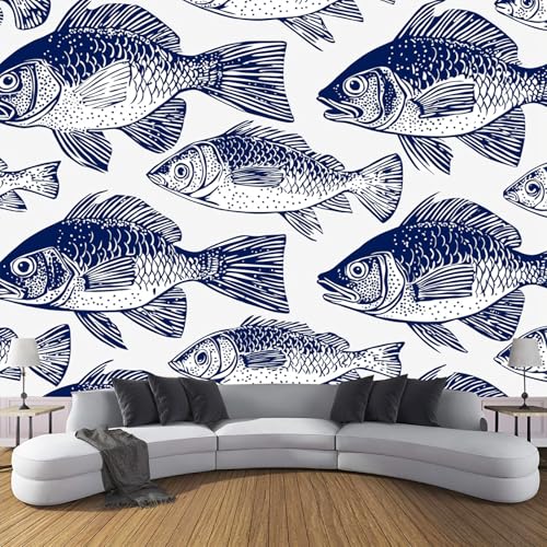 Fototapete Geschnitzte Holzschnittstruktur,350 X 256 Cm (B X H) - Fototapeten - Tapeten - Für Wohnzimmer Schlafzimmer - Vliestapete Wandtapete Tapete Fischmuster 3D Effekt- Marine von JSCWDET