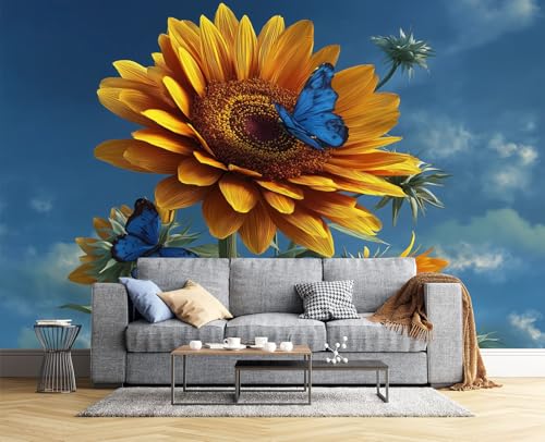 Fototapete Pflanzen Und Blumen 3D Effekt 350 X 256 Cm (B X H) - Sonnenblumen Schmetterlinge Fototapeten - Tapeten - Für Wohnzimmer Schlafzimmer - Wandtapete Tapete 3D Effekt-Gelb von JSCWDET