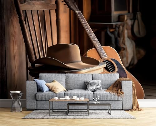 Fototapete Retro-Country-Musik-Szene,300 X 210 Cm (B X H) - Fototapeten - Tapeten - Für Wohnzimmer Schlafzimmer - Vliestapete Wandtapete Tapete Akustikgitarre Holzstuhl 3D Effekt- Braun von JSCWDET