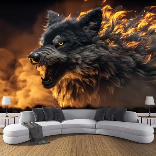 Fototapete Wildlife Illustration,400 X 280 Cm (B X H) - Foto Tapete Schlafzimmer Wohnzimmer Wütender Wolf Flammen Wandtapete Motivtapeten Bildtapete 3D Effekt Wand Dekoration - Gelb von JSCWDET