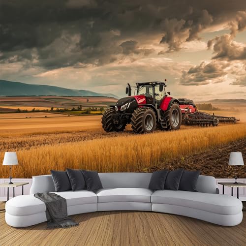 Goldene Felder Fototapete - Tapete Moderner Traktor, Karamell-Orange - Wandtapete Für Verschiedene Räume - Seide Wandbild 300 X 210 Cm (B X H) von JSCWDET