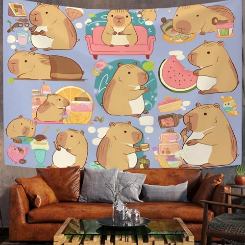JSCWDET Cartoon Capybara Aufkleber Wandteppich,Rosa Wassermelonenform Wandbehang für Schlafzimmer, Wohnzimmer - 150 x 130 cm,Hellbraun von JSCWDET