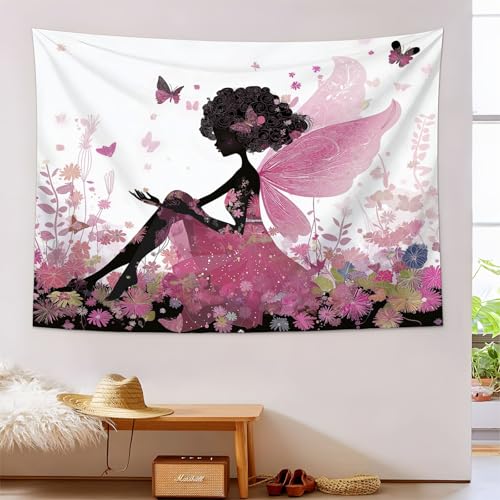 JSCWDET Cartoon Rosa Fee Wandteppich,Blumen Schmetterling Muster Wandbehang für Schlafzimmer, Wohnzimmer - 230 x 150 cm,Rosa von JSCWDET