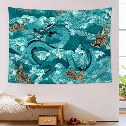 JSCWDET Chinesischer Drache Ozeanwellenmuster Wandteppich, Chinesische Malerei Wandtuch, Schlafzimmer Wohnheim Hippie Wandteppich Ästhetische Dekoration Wandbehang,Türkis 150 x 150 cm von JSCWDET