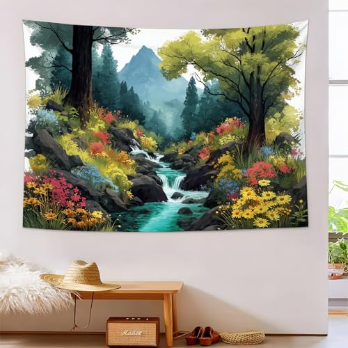 JSCWDET Fantasielandschaft Wandteppich,Gebirgsbach Wandbehang für Schlafzimmer, Wohnzimmer - 230 x 150 cm,Salbeigrün von JSCWDET
