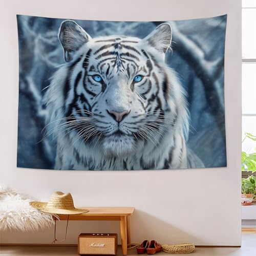JSCWDET Fantasy-Stil Wandteppich,Blauäugiger Weißer Tiger Wandbehang für Schlafzimmer, Wohnzimmer - 100 x 75 cm,Hellblau von JSCWDET