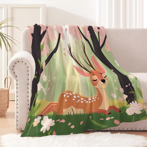 JSCWDET Frühlingswald Kuscheldecke Flauschige Weich Kirschbäume Rehe Wohndecke Flanell Fleecedecke, Falten Beständig Anti-Verfärben Als Sofadecke Oder Bettüberwurf,130 × 200 cm von JSCWDET