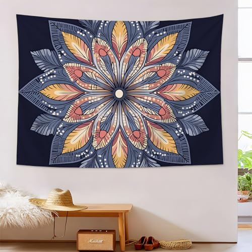JSCWDET Handgezeichnetes Mandala-Muster Tapisserie Geometrische Blumenformen Wandbehang Dunkelblau Wandbehang Ästhetische Tapisserie für Schlafzimmer Wohnzimmer Schlafsaal Akzente Zuhause 100 x 75 cm von JSCWDET