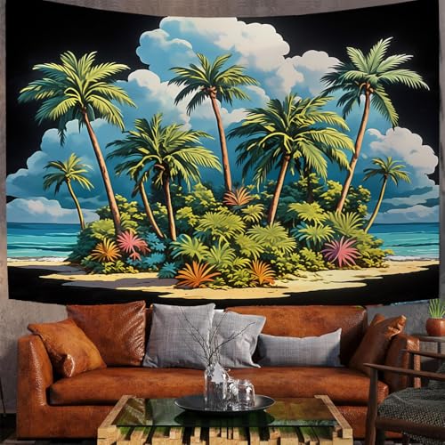 JSCWDET Inselzeichnungen Tapisserie Palmen Tropische Pflanzen Wandbehang Schwarz Wandbehang Ästhetische Tapisserie für Schlafzimmer Wohnzimmer Schlafsaal Akzente Zuhause 100 x 75 cm von JSCWDET