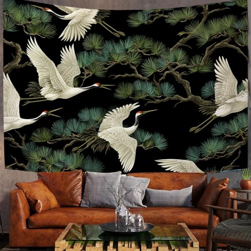 JSCWDET Japanischer Stil Wandteppich,Fliegende Kraniche Auf Kiefernzweigen Wandbehang für Schlafzimmer, Wohnzimmer - 150 x 130 cm,Dunkelgrün von JSCWDET