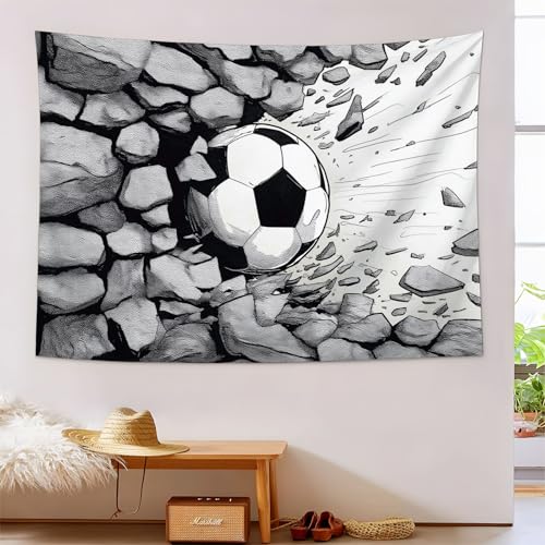JSCWDET Steinmauer Fußball-Design Wandteppich, Wandbehang, Tuschemalerei Tapisserie, Heimdekoration für Gothic Halloween,Schlafzimmer, Wohnzimmer, Wohnheim (Grau/150 x 100 cm) von JSCWDET