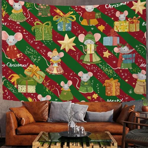 JSCWDET Süße Maus Geschenkbox Wandteppich, Weihnachts-Geschenkpapier-Design Wandtuch, Schlafzimmer Wohnheim Hippie Wandteppich Ästhetische Dekoration Wandbehang,Rot und Grün 230 x 150 cm von JSCWDET
