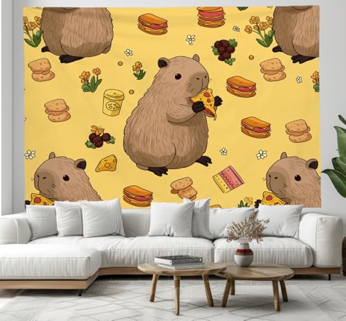 JSCWDET Tapisserie Cartoon Capybara Illustration Wandbehänge Süßes Snackmuster Tapisserien Wandteppiche für Wohnzimmer, Schlafzimmer, Wohnheim Hintergrund, Hellgelb, 150 x 100 cm von JSCWDET