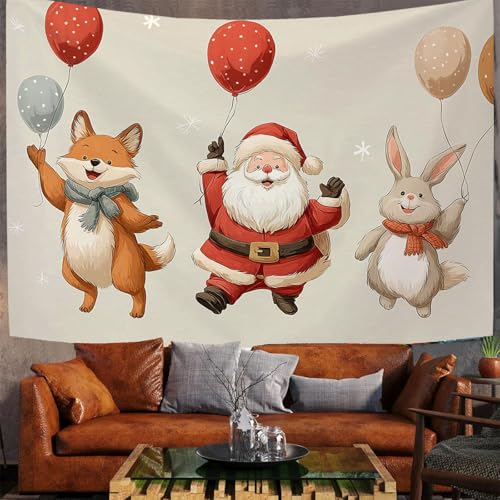 JSCWDET Tapisserie Cartoon-Stil Wandbehänge Weihnachtsmann Rentier Fuchs-Drucke Tapisserien Wandteppiche für Wohnzimmer, Schlafzimmer, Wohnheim Hintergrund, Hellbeige, 150 x 100 cm von JSCWDET