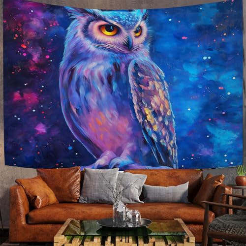 JSCWDET Tapisserie Fantasy-Art-Stil Wandbehänge Sternenhimmel Eulenmuster Tapisserien Wandteppiche für Wohnzimmer, Schlafzimmer, Wohnheim Hintergrund, Neonblau, 150 x 130 cm von JSCWDET