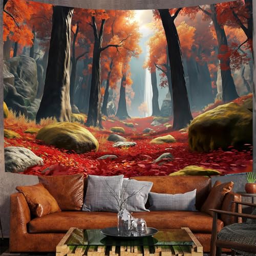 JSCWDET Tapisserie Herbstwald Illustration Tapisserie Wandteppich Rote Blätter Wandbehang für Schlafzimmer Wohnzimmer Schlafsaal Orange Farbe,230 x 180 cm von JSCWDET
