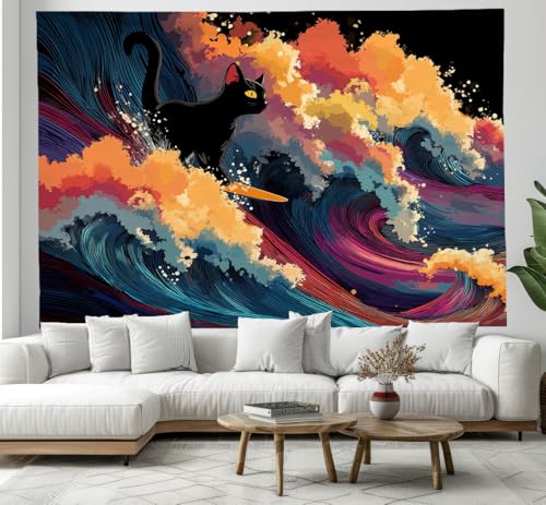 JSCWDET Tapisserie Hokusai-Stil Tapisserie Wandteppich Schwarze Katzenwellen Wandbehang für Schlafzimmer Wohnzimmer Schlafsaal Orange Blau,150 x 100 cm von JSCWDET