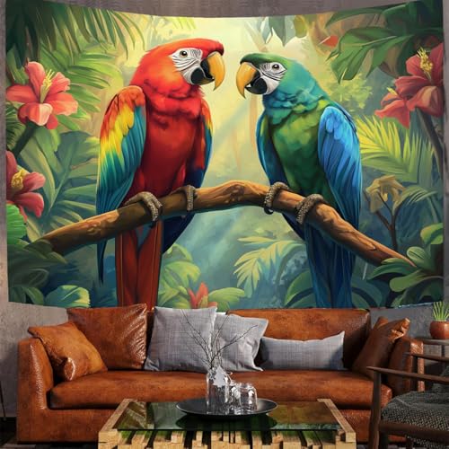JSCWDET Tapisserie Tropische Pflanzenmalerei Wandbehänge Papagei-Illustration Tapisserien Wandteppiche für Wohnzimmer, Schlafzimmer, Wohnheim Hintergrund, Grün, 230 x 150 cm von JSCWDET