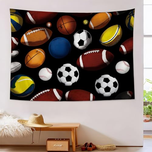 JSCWDET Tapisserie Wandbehang,Cartoon-Sportbälle Wandteppiche Sportthema Tapestry für Wohnzimmer Tagesdecke Zimmer Schlafzimmer (Schwarz/230 x 180 cm) von JSCWDET