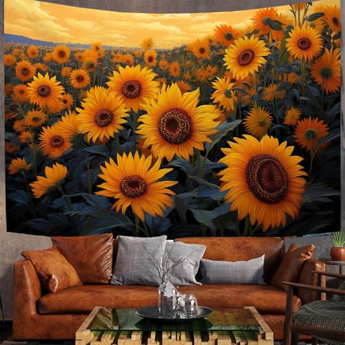 JSCWDET Tapisserie Wandbehang,Helles Sonnenblumenfeld Wandteppiche Ölgemälde-Stil Tapestry für Wohnzimmer Tagesdecke Zimmer Schlafzimmer (Gold/230 x 180 cm) von JSCWDET