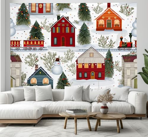 JSCWDET Tapisserie Wandbehang,Niedliches Weihnachtshaus Zugmuster Wandteppiche Kinderbuchillustration Tapestry für Wohnzimmer Tagesdecke Zimmer Schlafzimmer (Rot/200 x 150 cm) von JSCWDET
