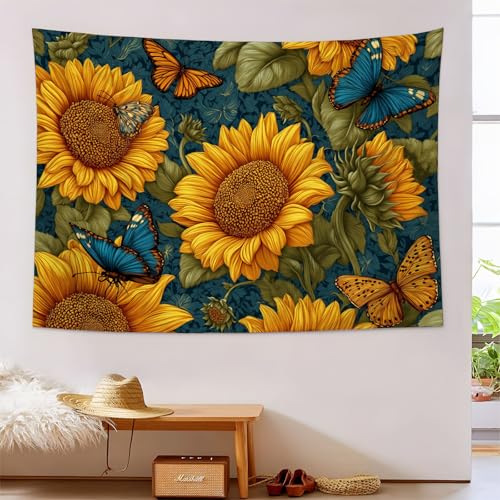 JSCWDET Tapisserie Wandbehang,Sonnenblumenmuster Wandteppiche Natürliche Blumenfeldszene Tapestry für Wohnzimmer Tagesdecke Zimmer Schlafzimmer (Gelb/150 x 130 cm) von JSCWDET