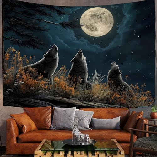 JSCWDET Tapisserie Wandbehang,Wildtiere Wolf Wandteppiche Blick Auf Den Sternenhimmel Vom Berggipfel Tapestry für Wohnzimmer Tagesdecke Zimmer Schlafzimmer (Marineblau/230 x 180 cm) von JSCWDET