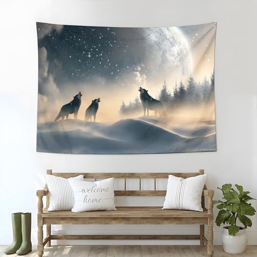 JSCWDET Wandteppich 3 Wölfe Dünen - Mehrzweck Mondwald Ideal Als Wandteppich Aesthetic, Wandtuch Wandkunst Für Schlafzimmer Wohnzimmer 228X152Cm von JSCWDET