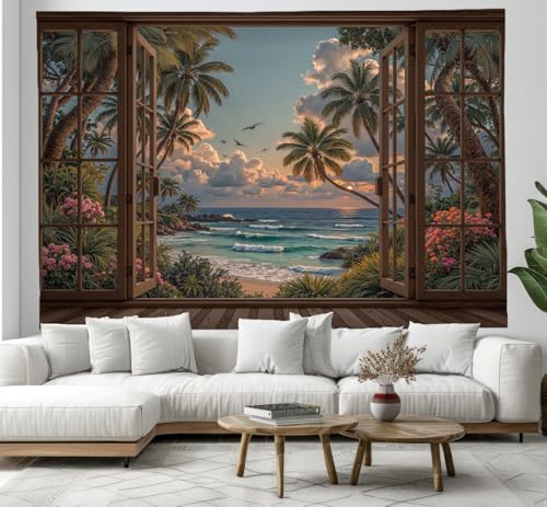 JSCWDET Wandteppiche 3D-Fensteraufkleber Aus Holz Tapisserie Wandtuch Palme Sonnenuntergangslandschaft Wandbehang Wanddeko für Wohnzimmer und Schlafzimmer Heimdeko (230 x 150 cm,Braun) von JSCWDET