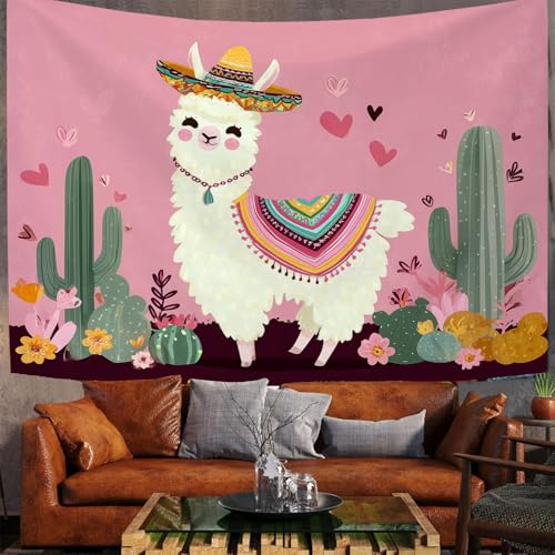 JSCWDET Wandteppiche Cartoon-Illustration Tapisserie Wandtuch Süßes Alpaka Kaktus-Druck Wandbehang Wanddeko für Wohnzimmer und Schlafzimmer Heimdeko (230 x 150 cm,Dunkelrosa) von JSCWDET