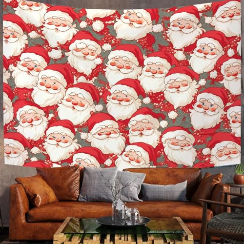 JSCWDET Wandteppiche Cartoon-Stil Tapisserie Wandtuch Weihnachtsmann-Gesichtsmuster Wandbehang Wanddeko für Wohnzimmer und Schlafzimmer Heimdeko (150 x 100 cm,Rot) von JSCWDET