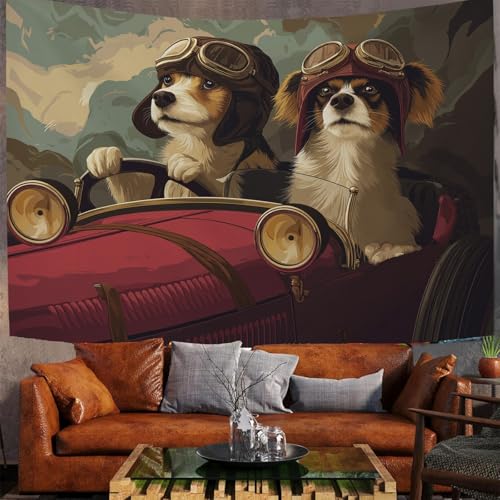JSCWDET Wandteppiche Cartoon Tier Hund Muster Tapisserie Wandtuch Vintage Rotes Auto Wandbehang Wanddeko für Wohnzimmer und Schlafzimmer Heimdeko (230 x 180 cm,Rot) von JSCWDET