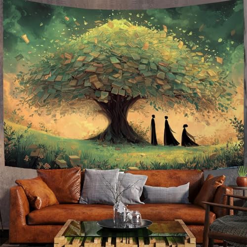 JSCWDET Wandteppiche Fantasy-Thema Tapisserie Wandtuch Grünes Gras Und Große Bäume Wandbehang Wanddeko für Wohnzimmer und Schlafzimmer Heimdeko (230 x 150 cm,Salbeigrün) von JSCWDET