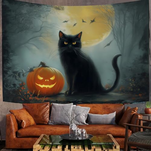 JSCWDET Wandteppiche Gotischer Kunststil Tapisserie Wandtuch Vollmond Szene Mit Schwarzer Katze Wandbehang Wanddeko für Wohnzimmer und Schlafzimmer Heimdeko (200 x 150 cm,Türkis) von JSCWDET