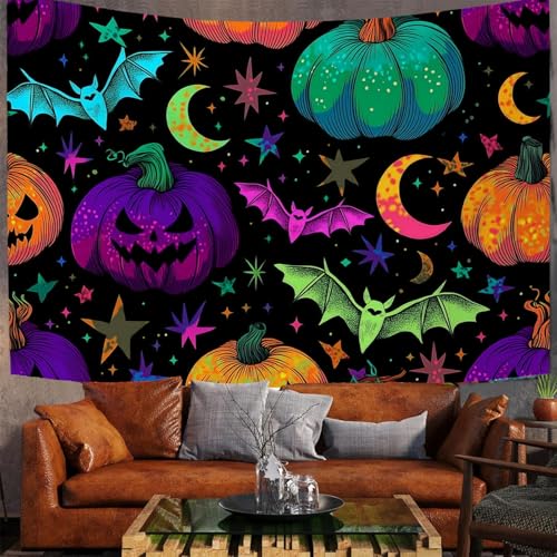 JSCWDET Wandteppiche Halloween-Kürbis-Muster Tapisserie Wandtuch Bunte Fledermäuse Halbmond-Muster Wandbehang Wanddeko für Wohnzimmer und Schlafzimmer Heimdeko (230 x 180 cm,Schwarz) von JSCWDET