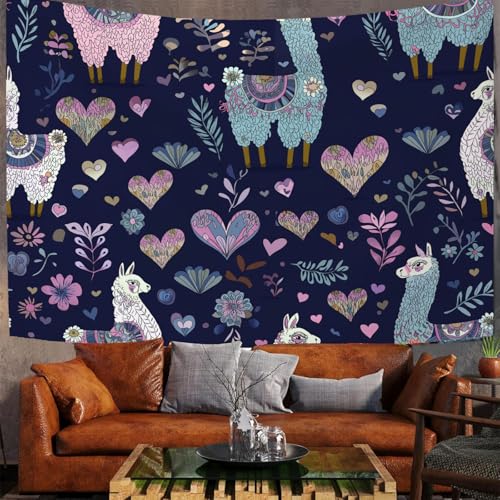 JSCWDET Wandteppiche Handgezeichnete Illustration Tapisserie Wandtuch Herzform Kamelmuster Wandbehang Wanddeko für Wohnzimmer und Schlafzimmer Heimdeko (230 x 150 cm,Dunkelblau) von JSCWDET