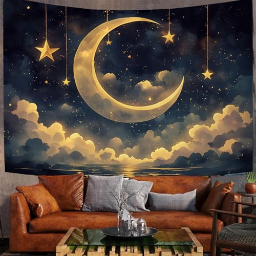 JSCWDET Wandteppiche Himmel Mit Wolken Tapisserie Wandtuch Halbmond Und Hängenden Sternen Wandbehang Wanddeko für Wohnzimmer und Schlafzimmer Heimdeko (150 x 100 cm,Goldgelb) von JSCWDET