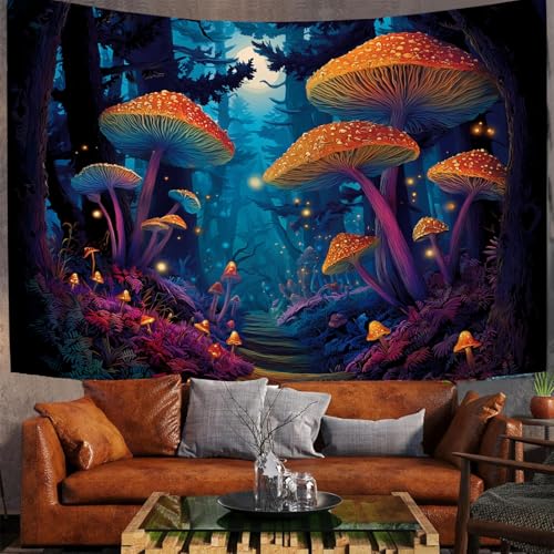 JSCWDET Wandteppiche Nachtwaldszene Tapisserie Wandtuch Leuchtende Pilzpflanzen Wandbehang Wanddeko für Wohnzimmer und Schlafzimmer Heimdeko (230 x 150 cm,Dunkelblau) von JSCWDET