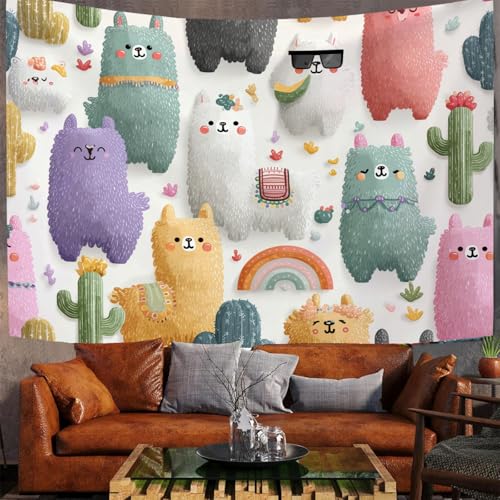 JSCWDET Wandteppiche Niedliches Alpaka-Muster Tapisserie Wandtuch Regenbogen Kaktus-Elemente Wandbehang Wanddeko für Wohnzimmer und Schlafzimmer Heimdeko (150 x 100 cm,Bunt) von JSCWDET