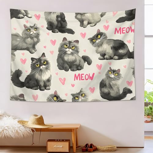 JSCWDET Wandteppiche Tiermotiv Tapisserie Wandtuch Süßes Katzenmuster Wandbehang Wanddeko für Wohnzimmer und Schlafzimmer Heimdeko (230 x 150 cm,Hellgrau) von JSCWDET