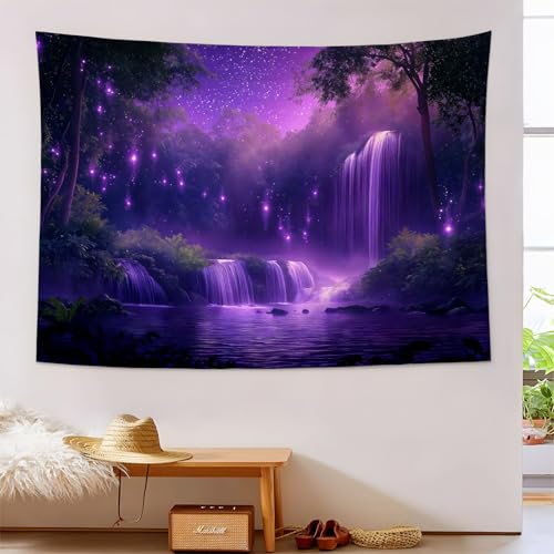 JSCWDET Wandteppiche Zauberwald Tapisserie Wandtuch Fantasie Sternenhimmel Wasserfall Wandbehang Wanddeko für Wohnzimmer und Schlafzimmer Heimdeko (150 x 130 cm,Lila) von JSCWDET