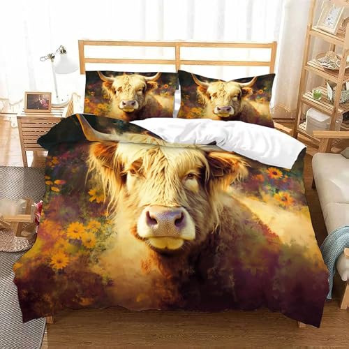 JSCWDET Wildblumenwiese Bettbezug Set 155x220cm 3 Teilig Weiche Microfaser Ölgemälde Einer Hochlandkuh Bettwäsche Bettdeckenbezug Set mit Reißverschluss und 2 Kissenbezug 80x80cm JSCWDET Wildblumenwiese Bettbezug Set 155x220cm 3 Teilig Weiche Microfaser Ölgemälde Einer Hochlandkuh Bettwäsche Bettdeckenbezug Set mit Reißverschluss und 2 Kissenbezug 80x80cm von JSCWDET