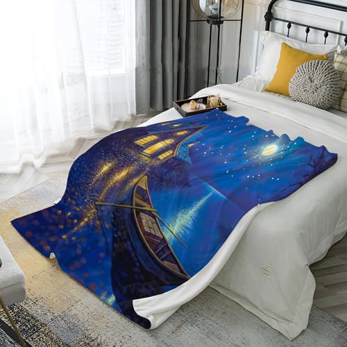 Kuscheldecke Decke 3D See bei Nacht Kinder Fleecedecke Wohndecke Boote Häuser Warm Sofaüberwurf Decke Sofadecke Couchdecke Tagesdecke für Bett,150 × 200 cm von JSCWDET