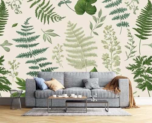Retro-Botanische Illustration Fototapete - Tapete Farnblätter, Hellgrün - Wandtapete Für Verschiedene Räume - Seide Wandbild 400 X 280 Cm (B X H) von JSCWDET