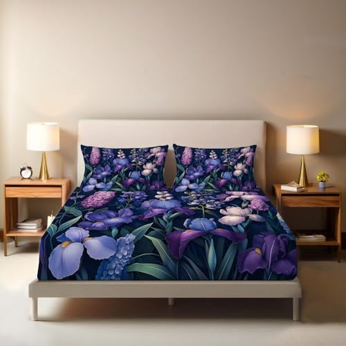 Spannbettlaken 90X200Cm - Botanische Illustration - Spannbettuch Bis 30Cm Matratzenhöhe - Bettlaken Mikrofaser Lila Iris Eukalyptusblätter von JSCWDET