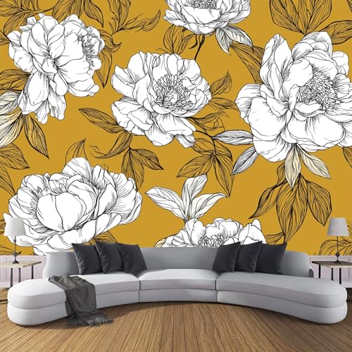 Tapete 3D Fototapete Strichzeichnungsillustration 400X280Cm (Bxh) Wandtapete Wandbilder Handgemaltes Pfingstrosenblattmuster Foto Tapeten Wanddekoration Für Wohnzimmer Schlafzimme Senfgelb Tapete von JSCWDET