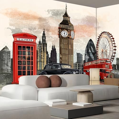 Vintage-Kunst Fototapete - Tapete Big Ben Red Bus, Rot - Wandtapete Für Verschiedene Räume - Seide Wandbild 450 X 315 Cm (B X H) von JSCWDET