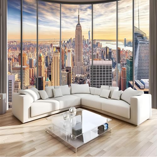 Wandtapete Fenster Mit Stadtblick Fototapete, Skyline Dekoration Wand-Dekor, 400 x 280 cm (B x H) Tapete Panorama Poster Für Mädchen, Jungs Schlafzimmer Wohnzimmer von JSCWDET